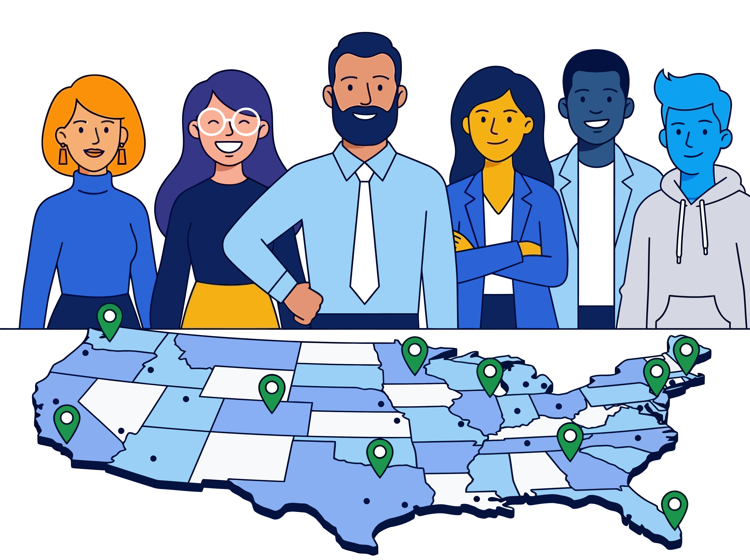 Map of the United States with service location pins